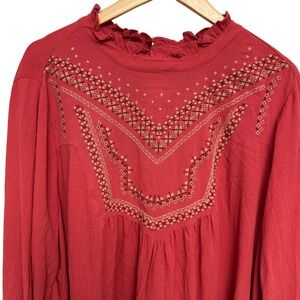 Torrid NWT Blouse 2X Embroidered Ruffle Neck Long Sleeve Top Coral Boho 2